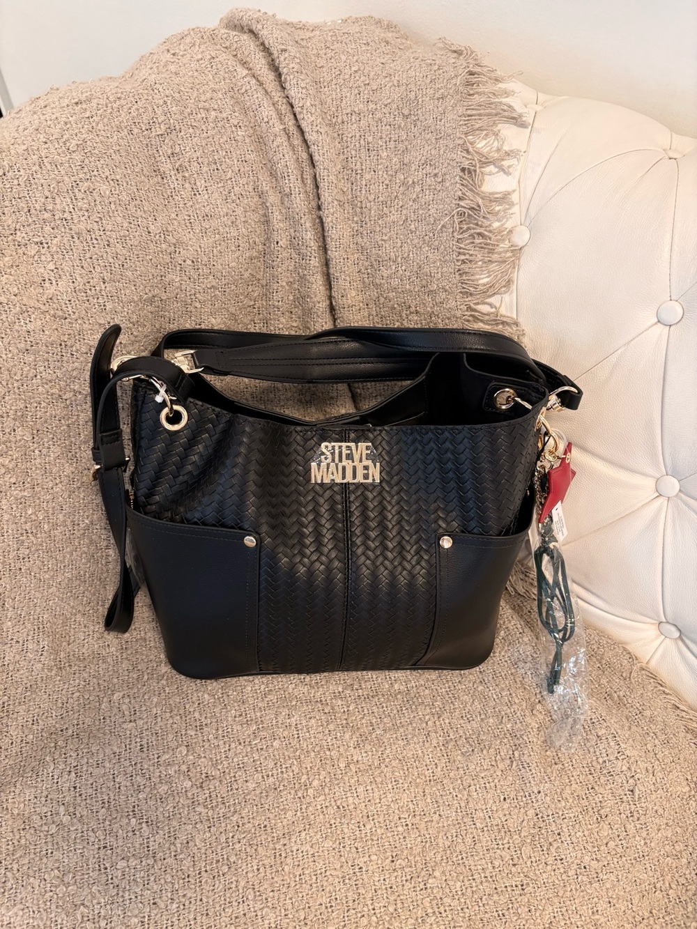 Steve Madden Black Woven Shoulder Tote with Exterior Pockets